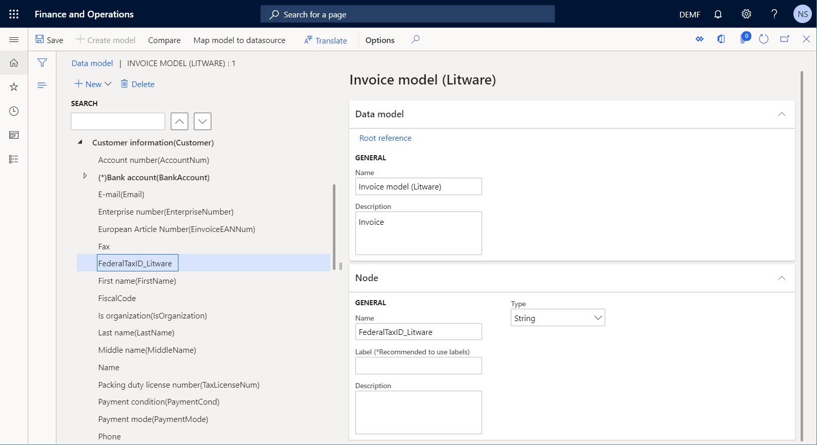 Screenshot of the Data model designer page.