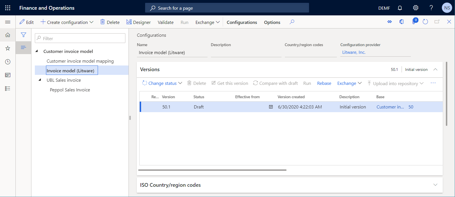 Screenshot of version 50.1 of the ER configuration on the Configurations page.