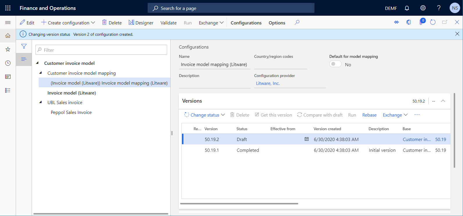 Screenshot of version 50.19.1 completed on the Configurations page.