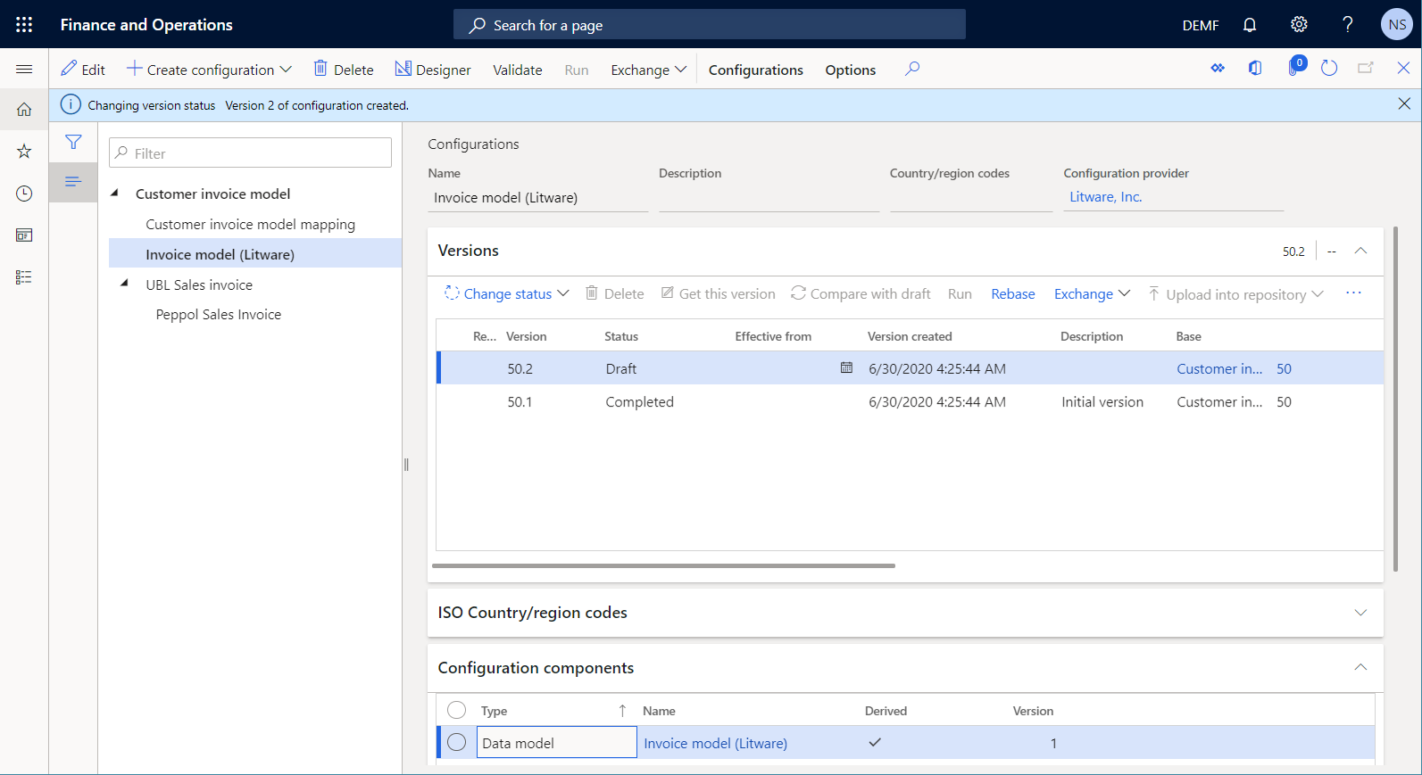 Screenshot of version 50.1 completed on the Configurations page.