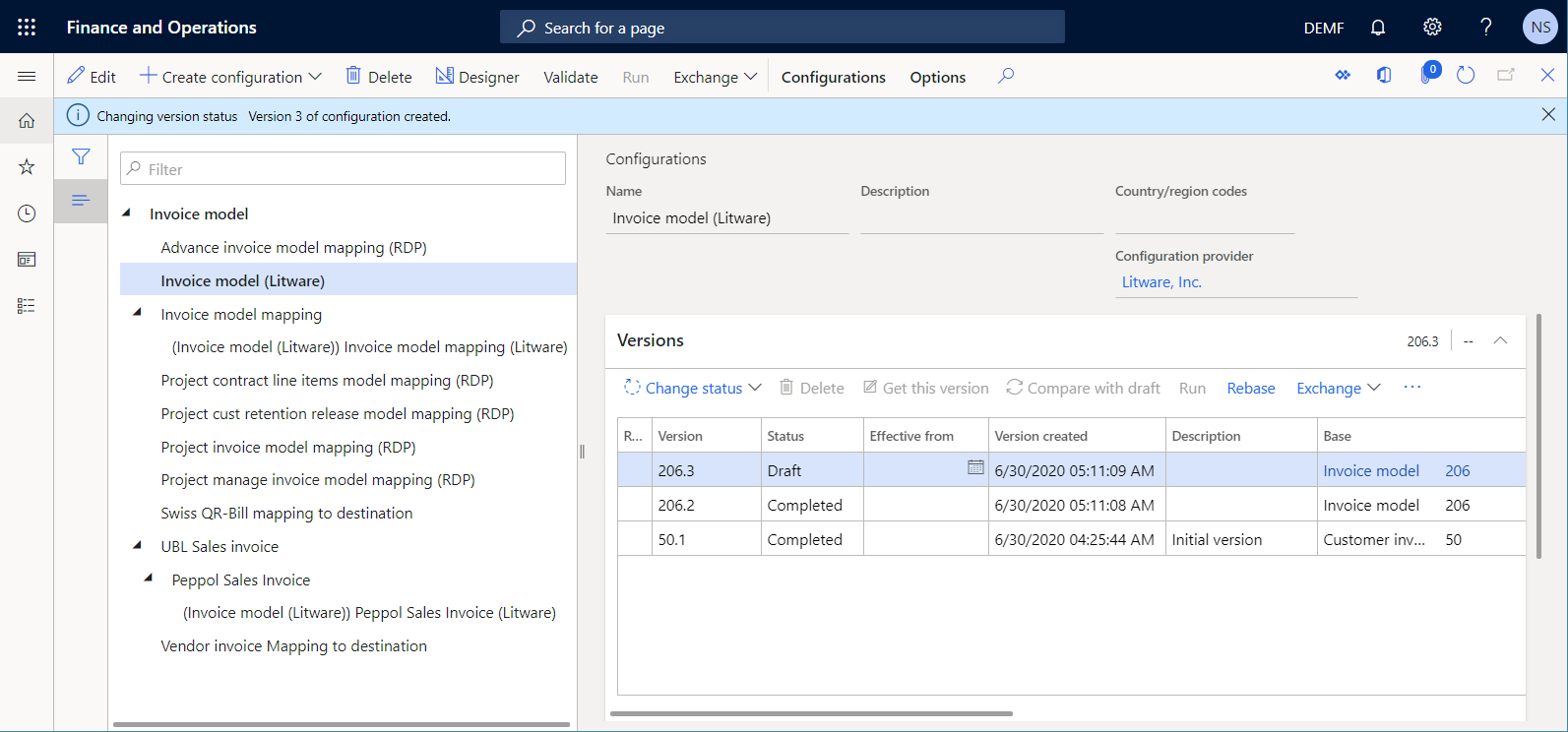 Screenshot of version 206.2 completed on the Configurations page.
