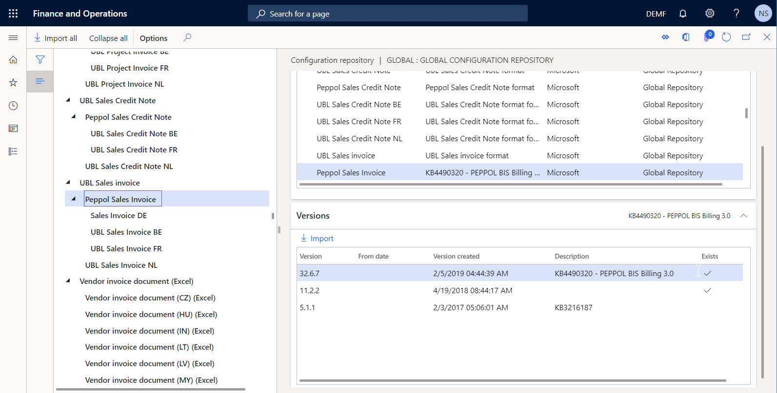 Screenshot of version 32.6.7 selected on the Configuration repository page.
