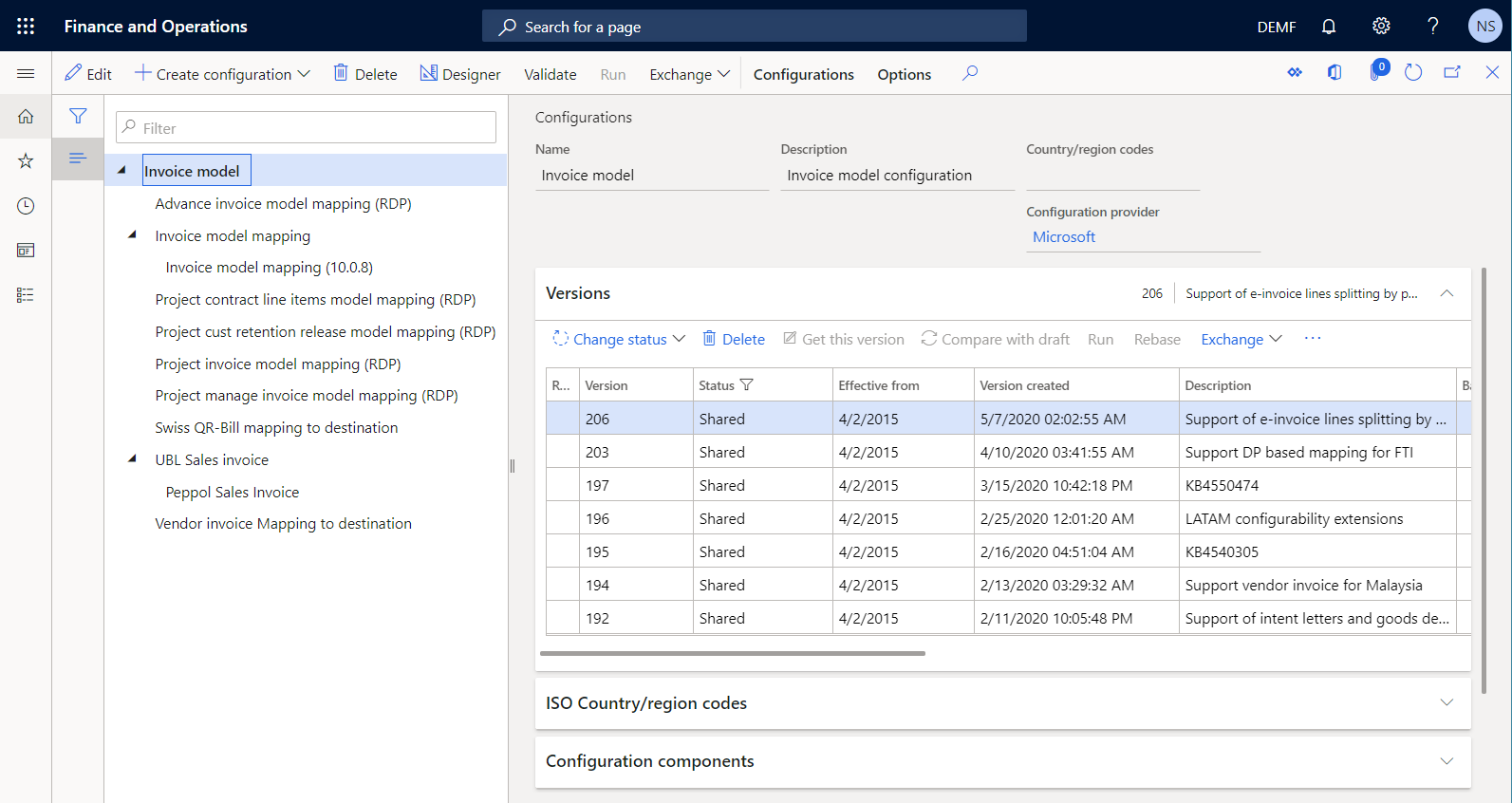 Screenshot of the Configurations page.