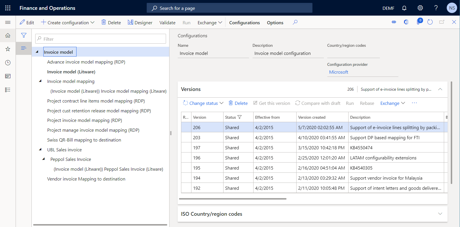 Screenshot of version 206 on the Configurations page.