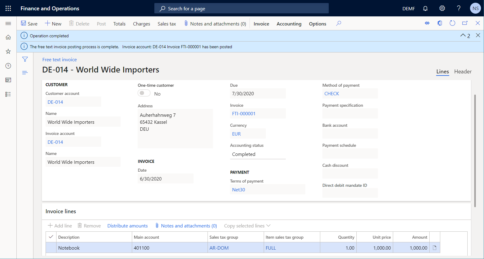 Screenshot of the Free text invoice details page.