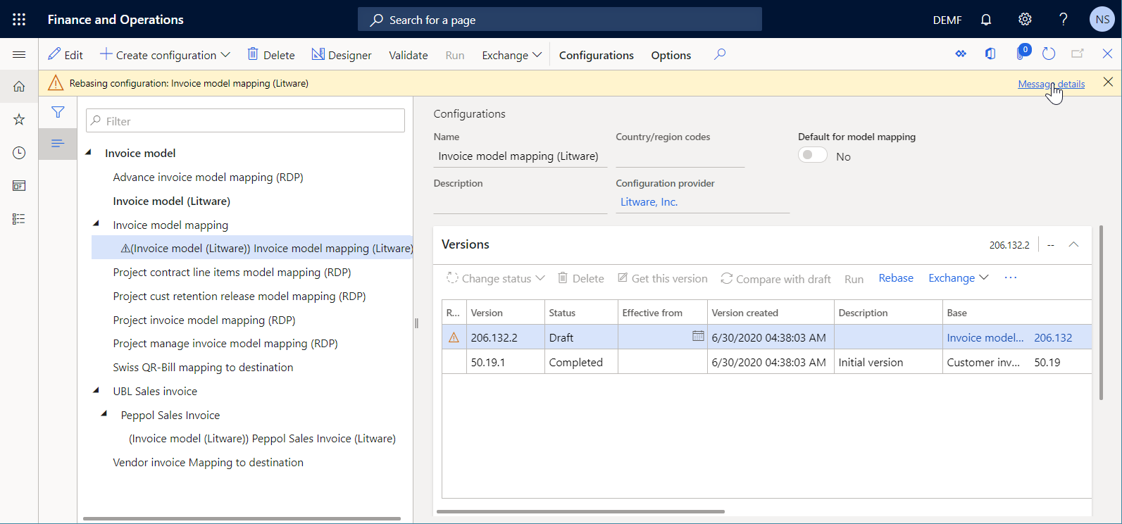 Screenshot of the rebase conflict message on the Configurations page.