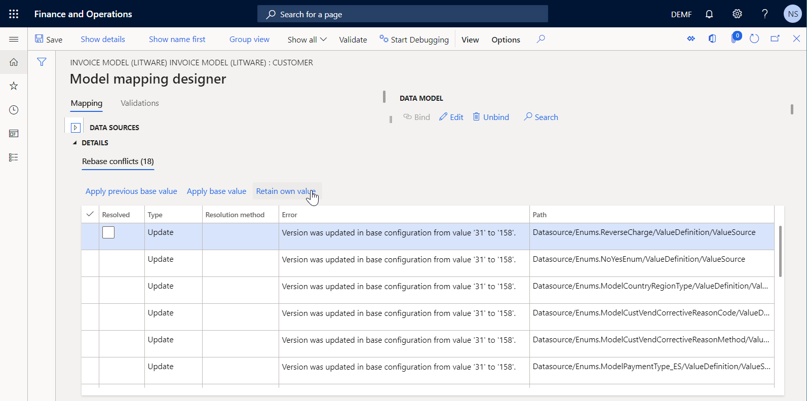 Screenshot of the rebase conflicts on the Model mapping designer page.