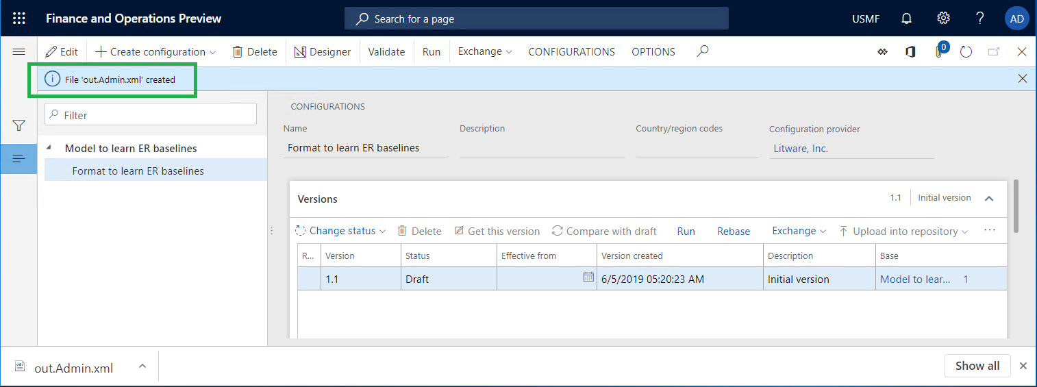 Screenshot of the notification about the generated file on the Configurations page.