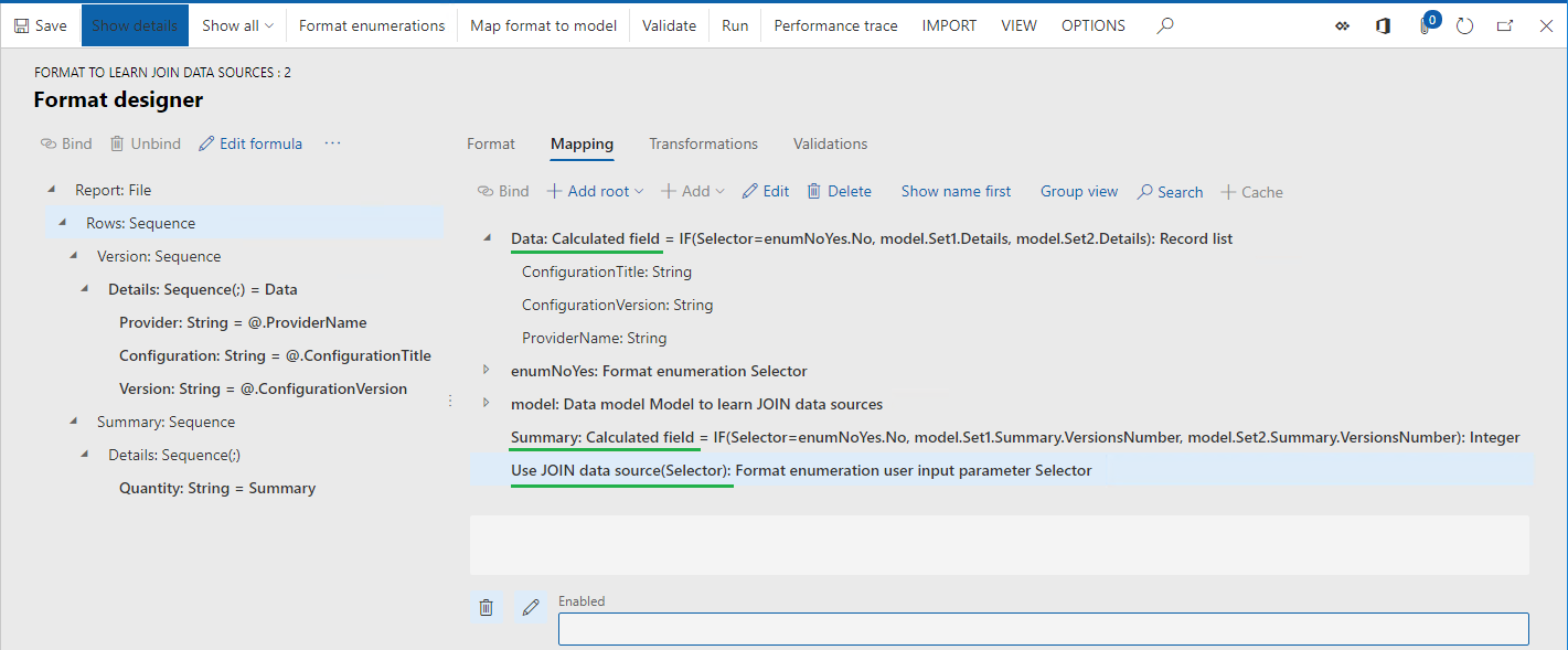 Screenshot of the ER format designer page, Mapping tab.