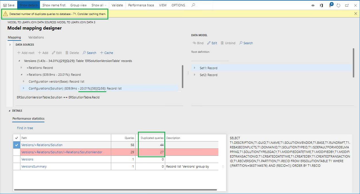 Screenshot of the execution statistics on the ER Model mapping designer page.