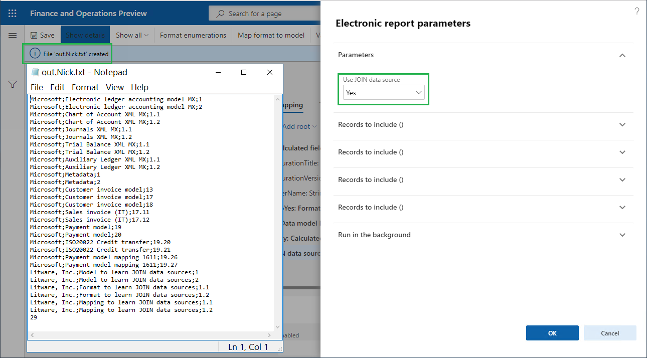 Screenshot of the Electronic report parameters generated file using JOIN data source.