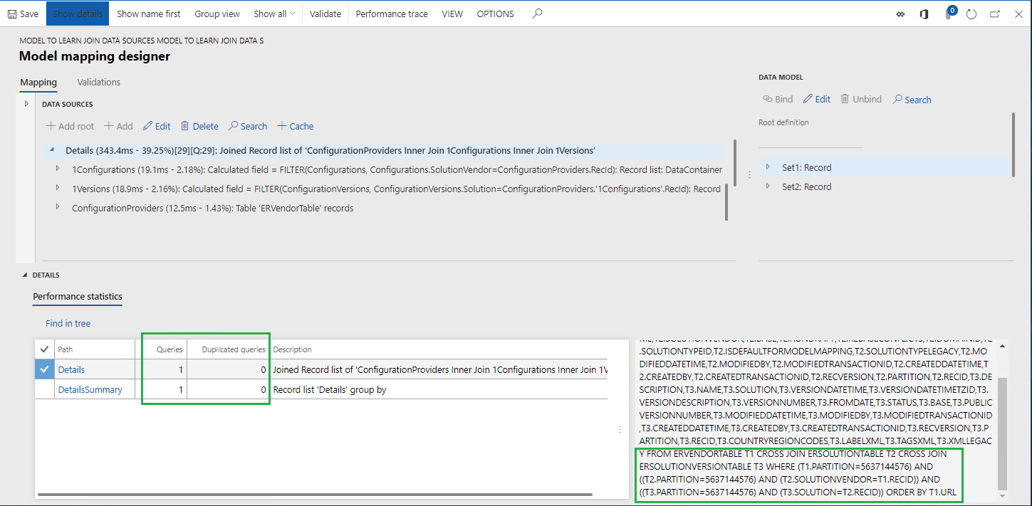 Screenshot of the ER Model mapping designer page performance statistics details.