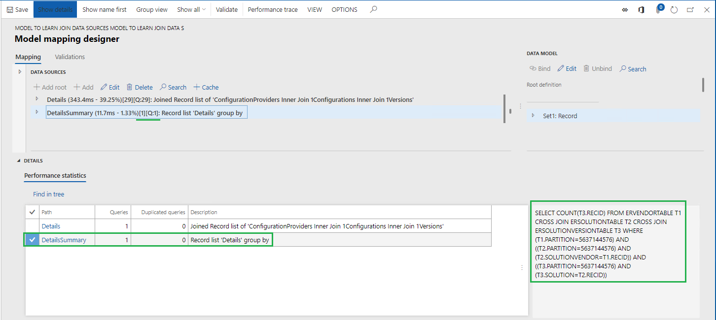 Screenshot of the ER Model mapping designer page showing application database calls.