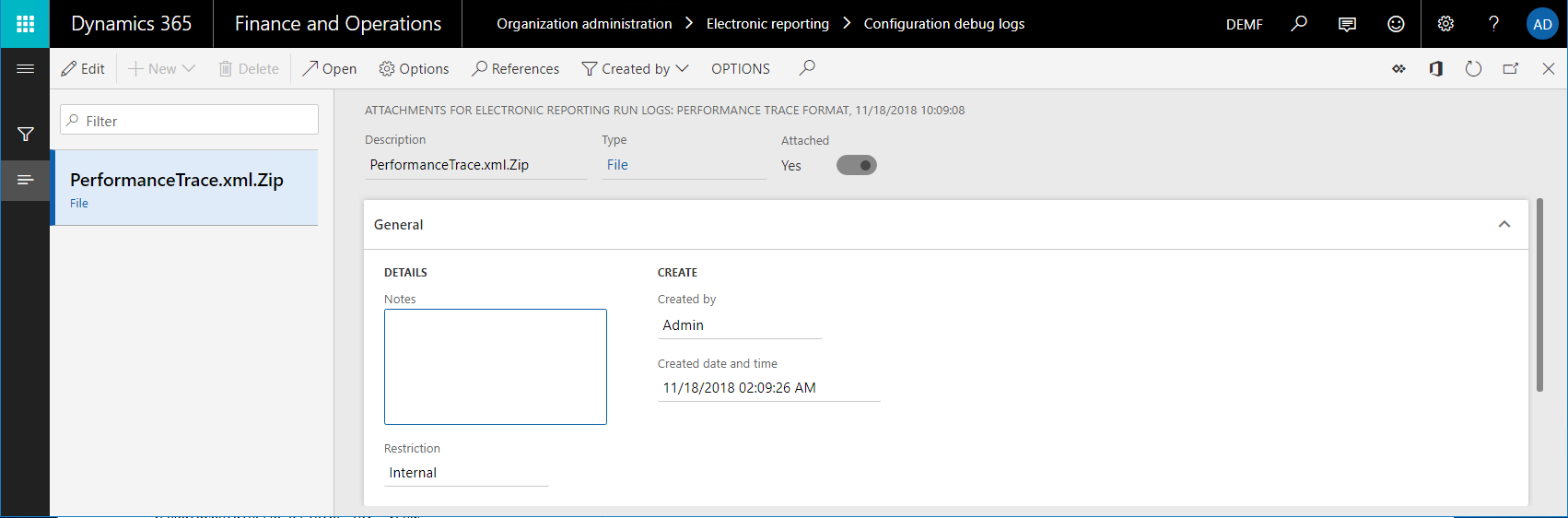 Screenshot of the Attachments for Electronic reporting run logs.