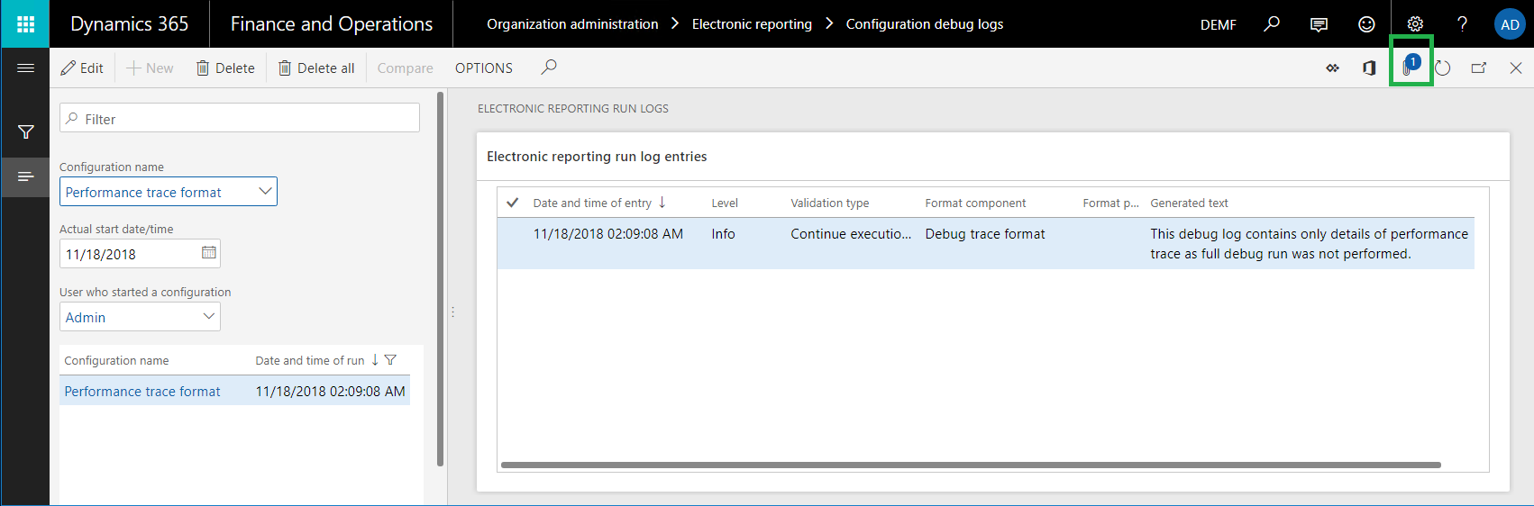 Screenshot of the Attachments button on the Electronic reporting run logs page.