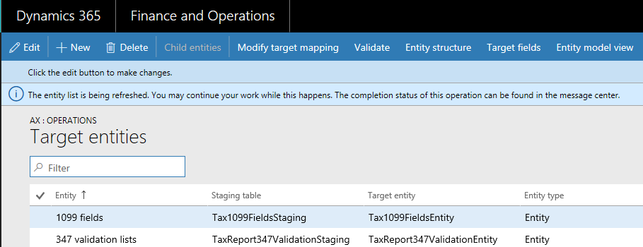 Screenshot of entity list refresh message displayed during the refresh process.