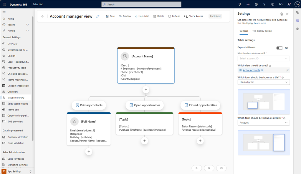 Screenshot of a multi-table hierarchy visualization in the designer with Account, Contact, and Opportunity.