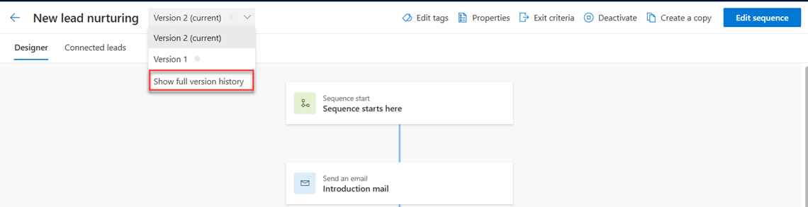 Screenshot of selecting the Show full version history option.