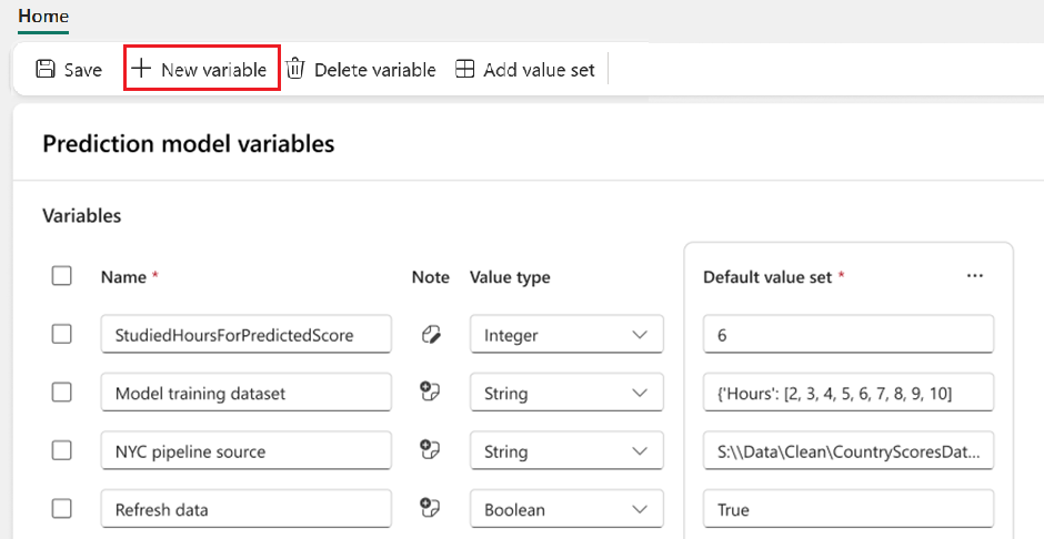 Screenshot of a variable library, with a button for creating a new variable on the menu bar.