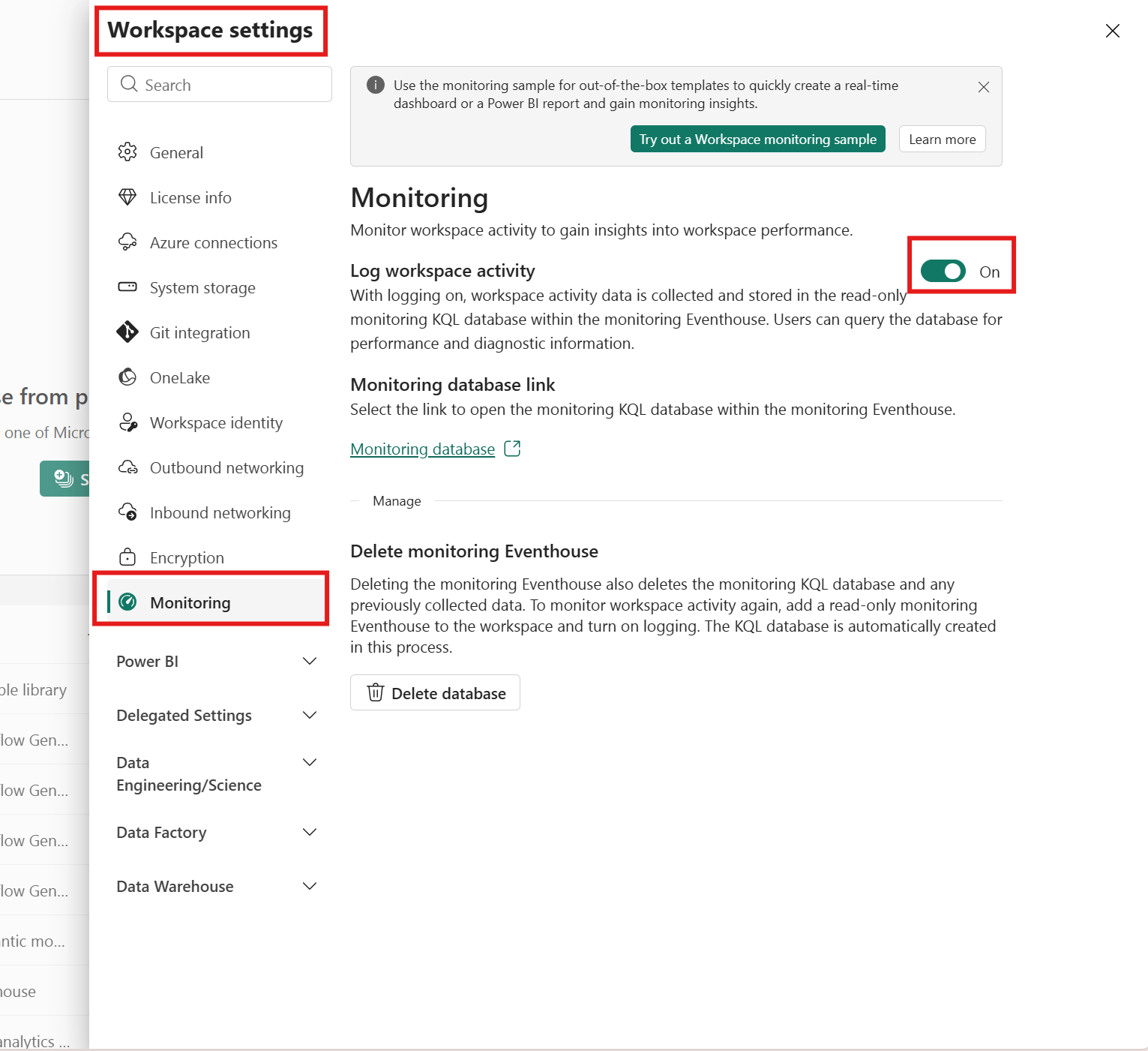 Screenshot of workspace settings showing the option to toggle on workspace monitoring.