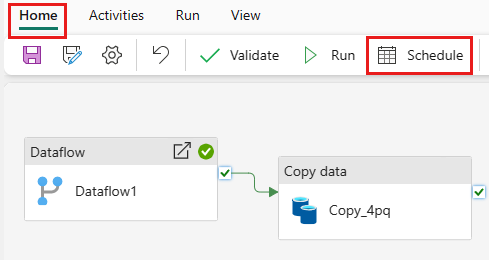 Screenshot of the Schedule button on the menu of the Home tab in the pipeline editor.