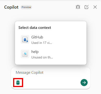 Screenshot of selecting a data source in the Copilot pane.