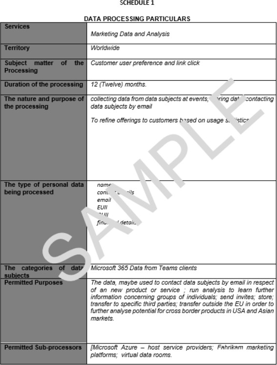 Data processing particulars page.