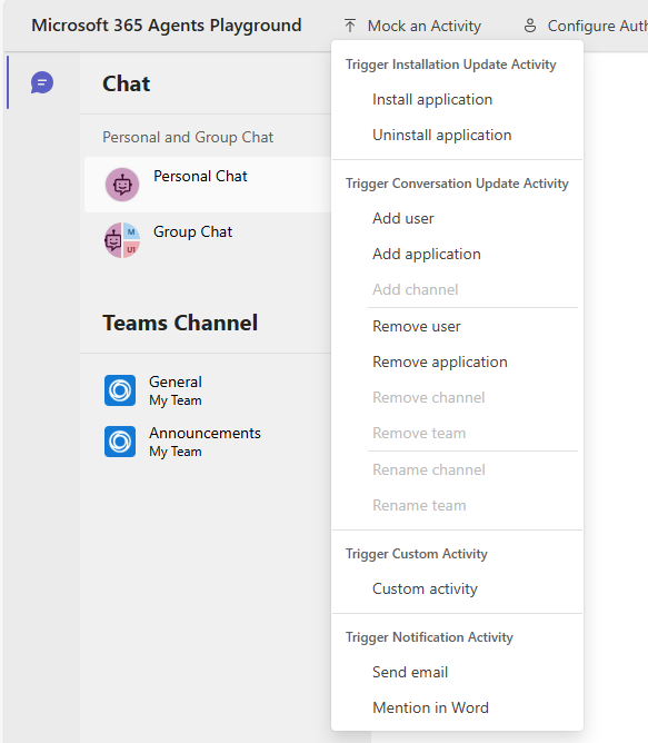 Screenshot showing the Agents Playground interface with Mock an Activity menu expanded, displaying Trigger Notification Activity options including Send email and Mention in Word.