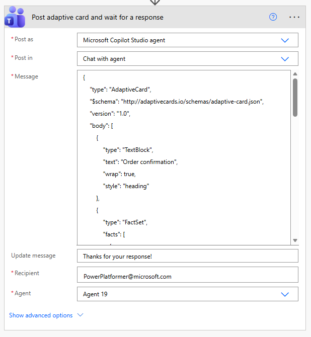 Post adaptive card and wait for response action in Power Automate.