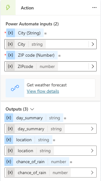 Screenshot of the Action node showing the input and output parameters of the 'Get weather forecast' flow.