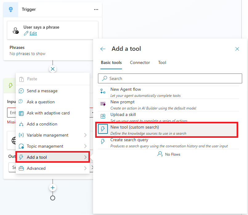 Screenshot of new node creation, highlighting the Add a tool selection and focused on custom search.