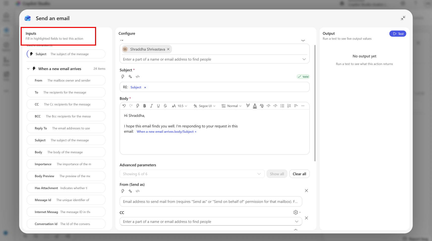 Screenshot of the node test panel showing blank input fields with type badges on the right.