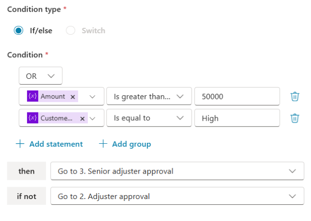 Screenshot of the condition statement configuration in the multi-stage viewer, showing how to add and configure conditions for approval routing.