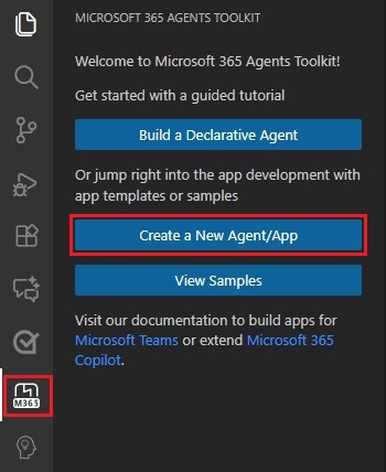Screenshot shows the option to create a new agent or app in the Agents Toolkit sidebar.