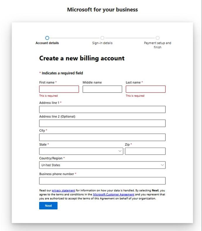 Create a new billing account wizard showing account details, sign-in details, and payment setup steps