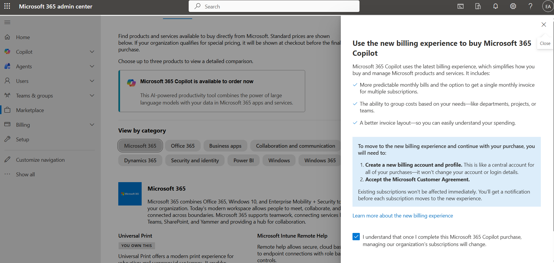 Accept the new billing experience and create a billing account