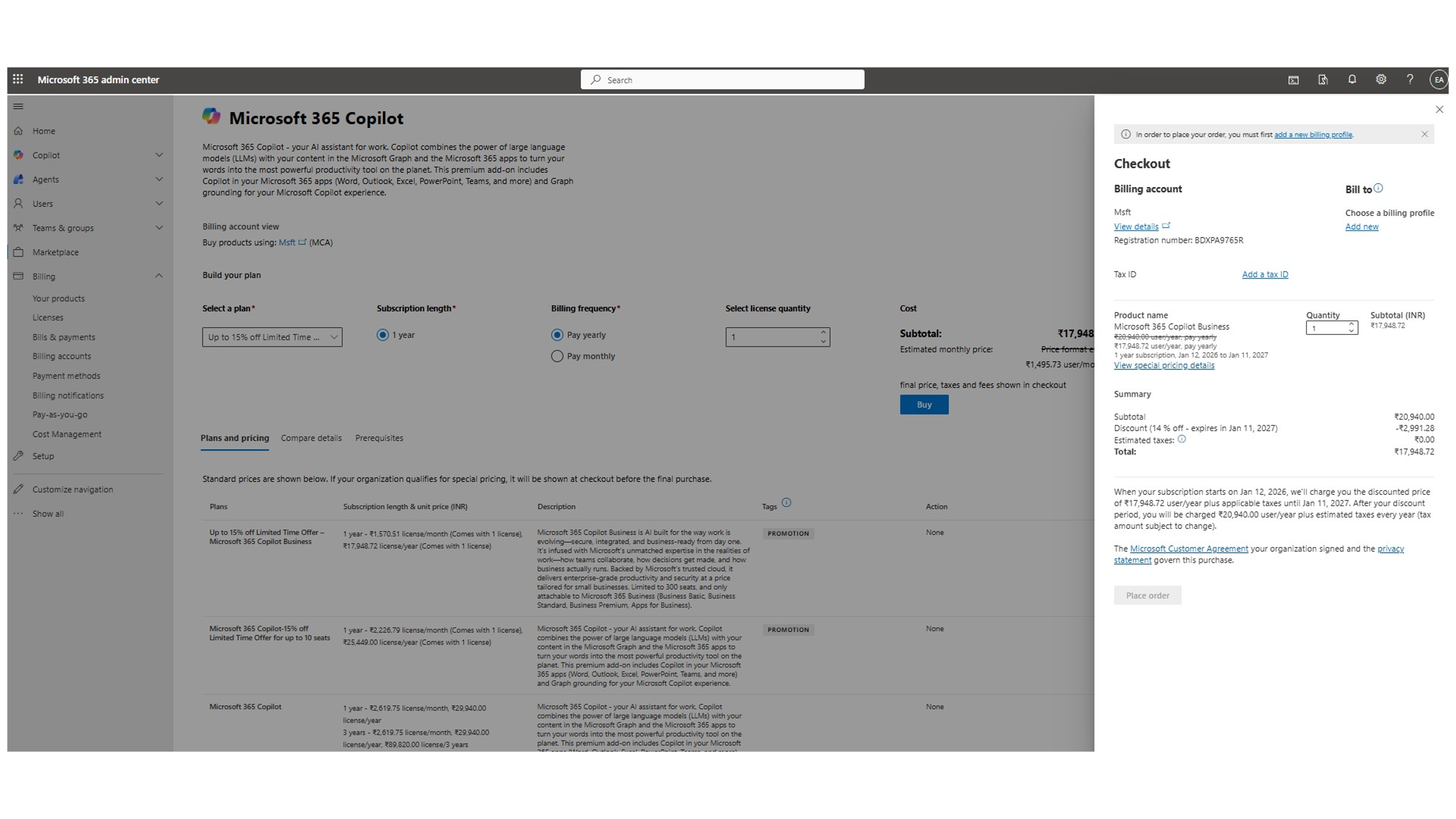 Create billing profile to complete checkout