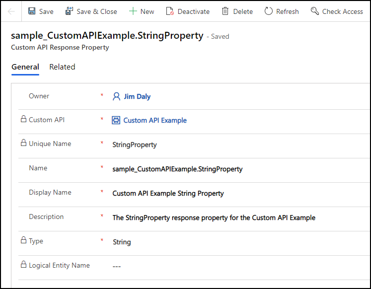 Screenshot of an example custom API response property form.
