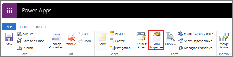 Screenshot of the Form Properties button on the classic form editor Home tab.