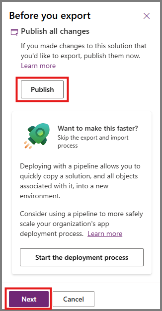 Screenshot of the options to publish the solution before export.