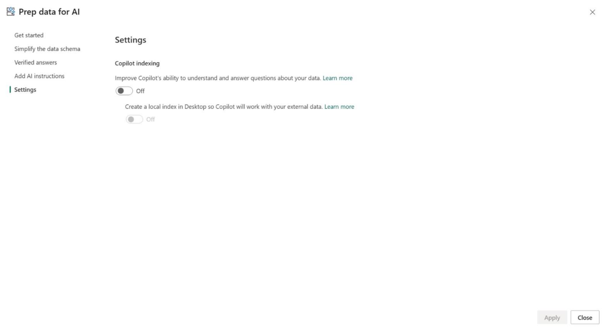 Screenshot of the Prepare Data for AI settings page in Power BI Copilot.