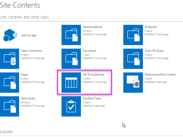 Screenshot of Site Contents page app.
