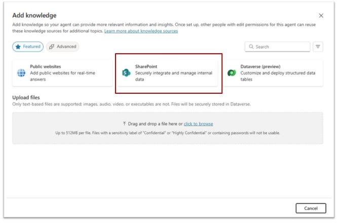 Adding Sharepoint as a Knowledge source when creating autonomous agents.