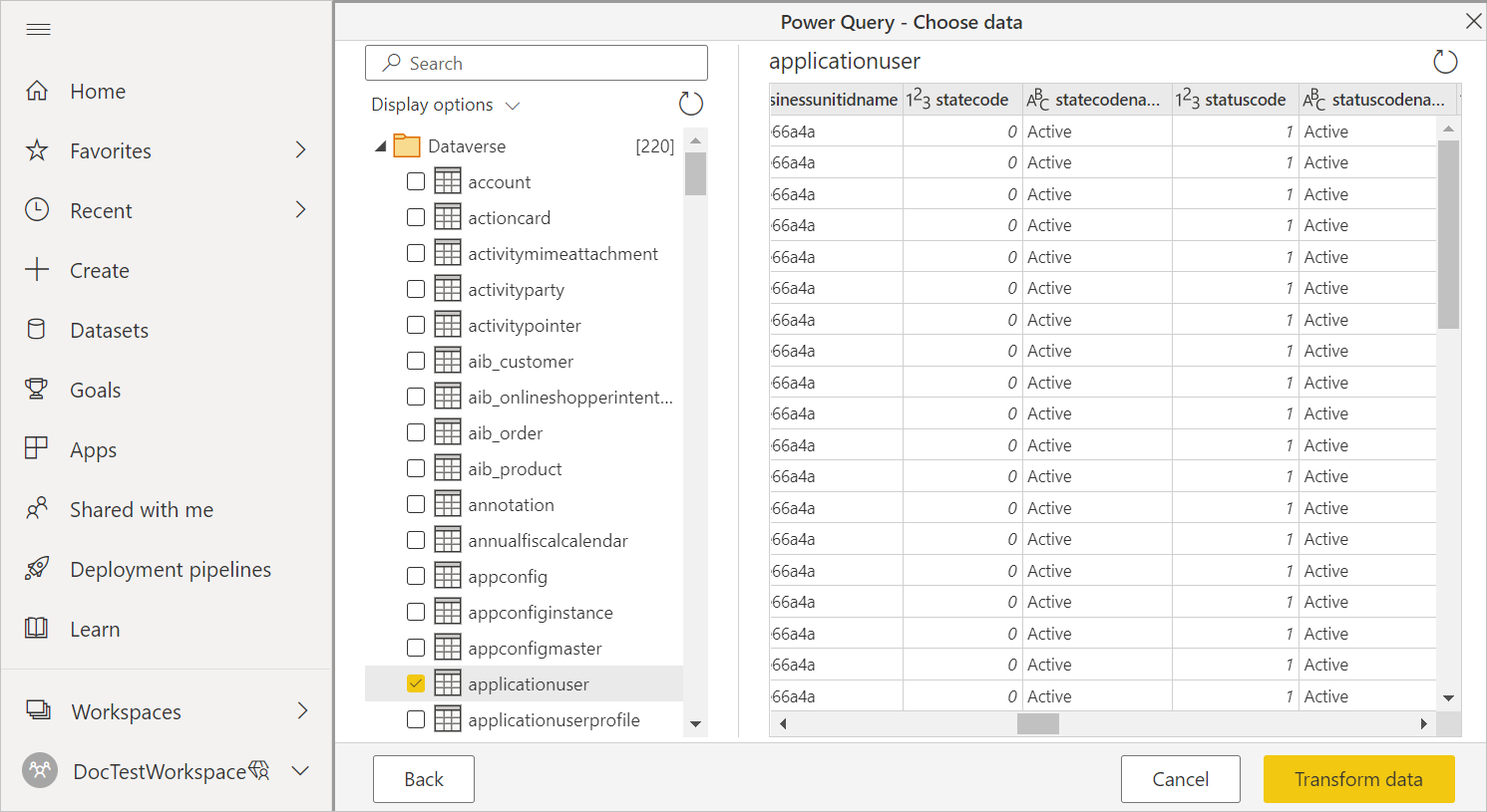 Screenshot of the navigation page open with the Application User data selected.