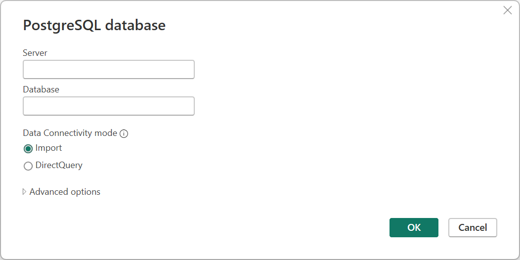 Screenshot of the PostgreSQL connection builder in Power BI.