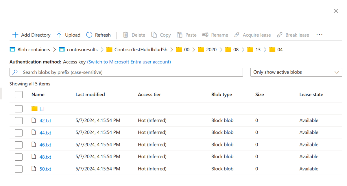 Screenshot showing a list of files for an Azure Storage account in the Azure portal.