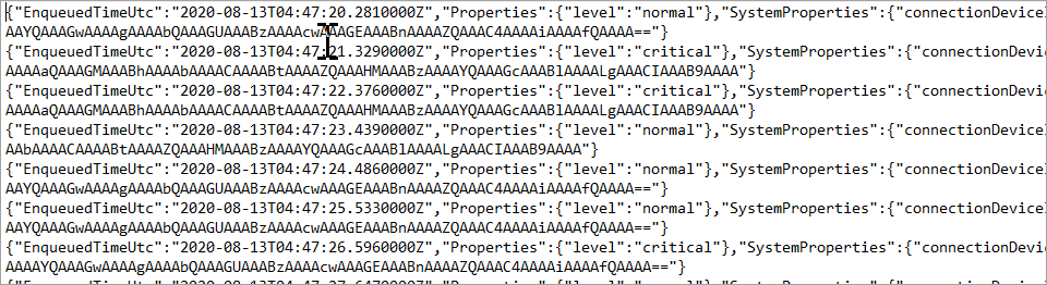 Screenshot of sent device-to-cloud messages, from a file in an Azure Storage account.