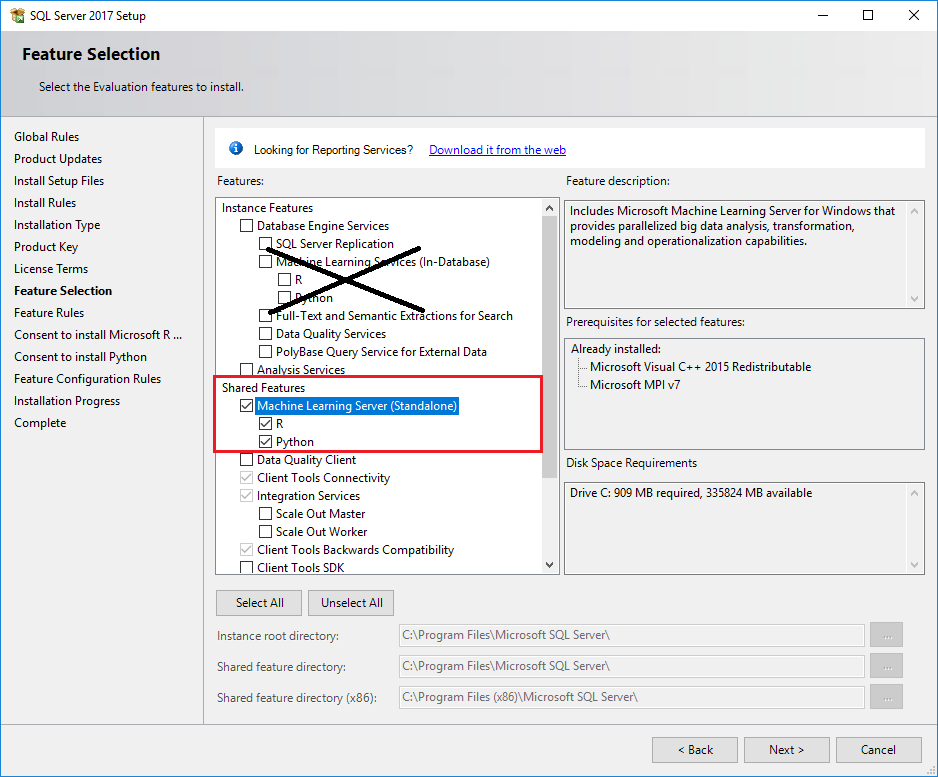 Start installation of Machine Learning Server Standalone Choose R or Python features