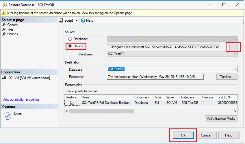 Screenshot that shows the steps for restoring a database.