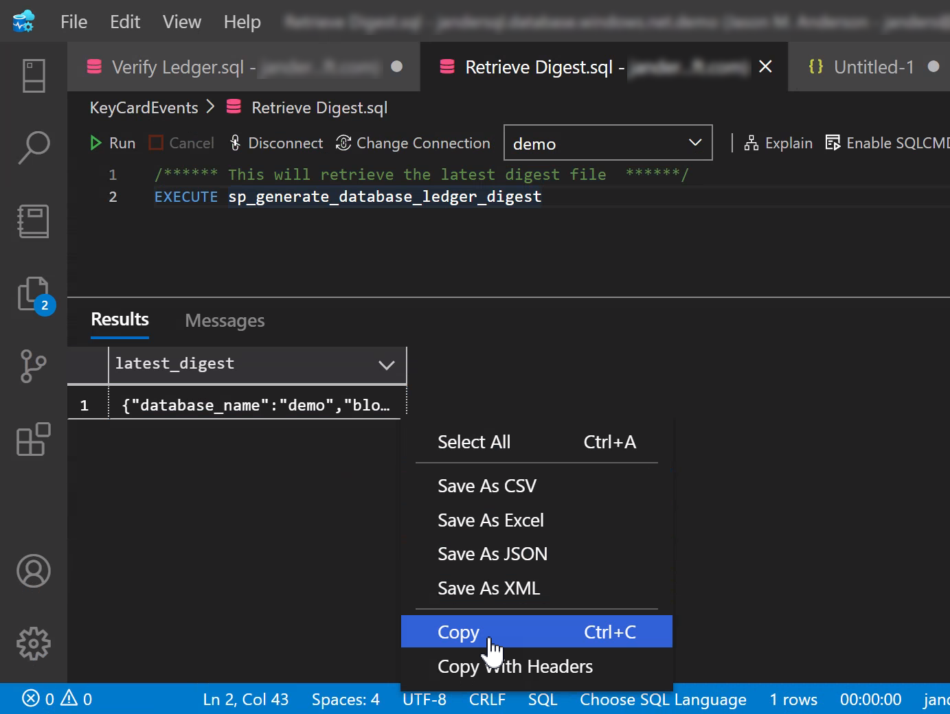 Screenshot that shows retrieving digest results by using Visual Studio Code.